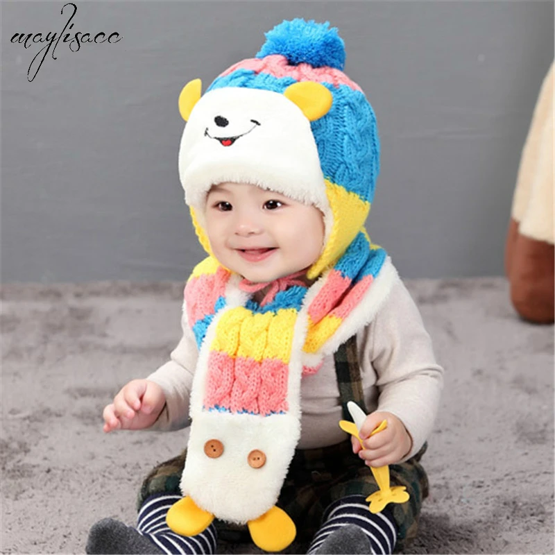 

1-3 Years Old Boy&girl Winter Children's Caps Bear Smiling Face Hat Scarf Set Tiger Embroidered Acrylic Kids Hat and Scarf Set