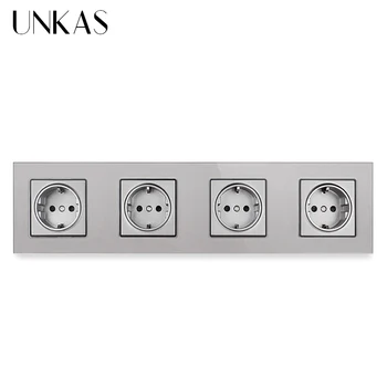 

UNKAS Gray Wall Crystal Glass Panel 4 Gang Power Socket Grounded 16A EU Standard Grey Quadruple Outlet Children Protection Door