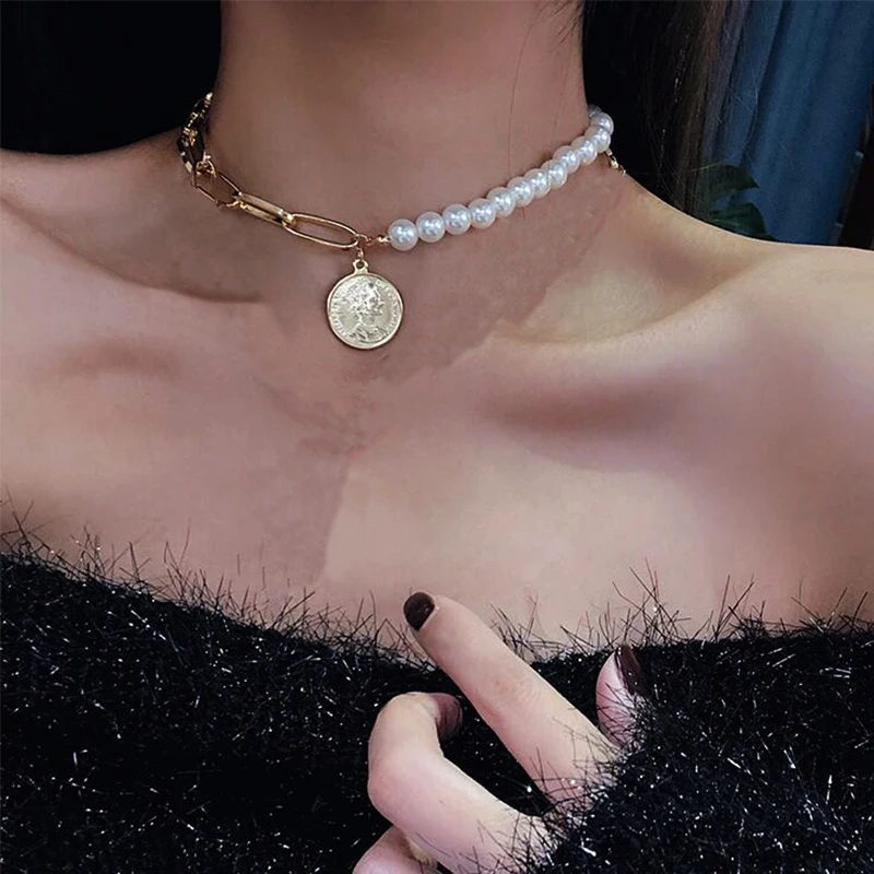 Многослойное ожерелье-чокер с жемчугом в стиле панк массивное ожерелье кулоном