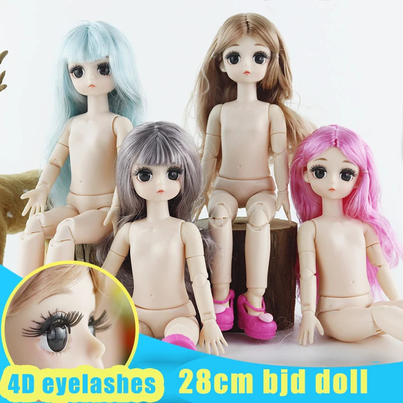 BJD Doll 28 Cm 21 Movable Joint 4D Simulation Eyes Real Eyelashes Purple Brown Long Wig Nude Doll DIY Girl Toy Birthday Gift