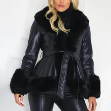 PU Jacket Warm Winter Coat Women Winter Thick Faux Fur Casual Slim Fit Black Outwear Ladies Lace Up Fashion Faux Leather Jackets