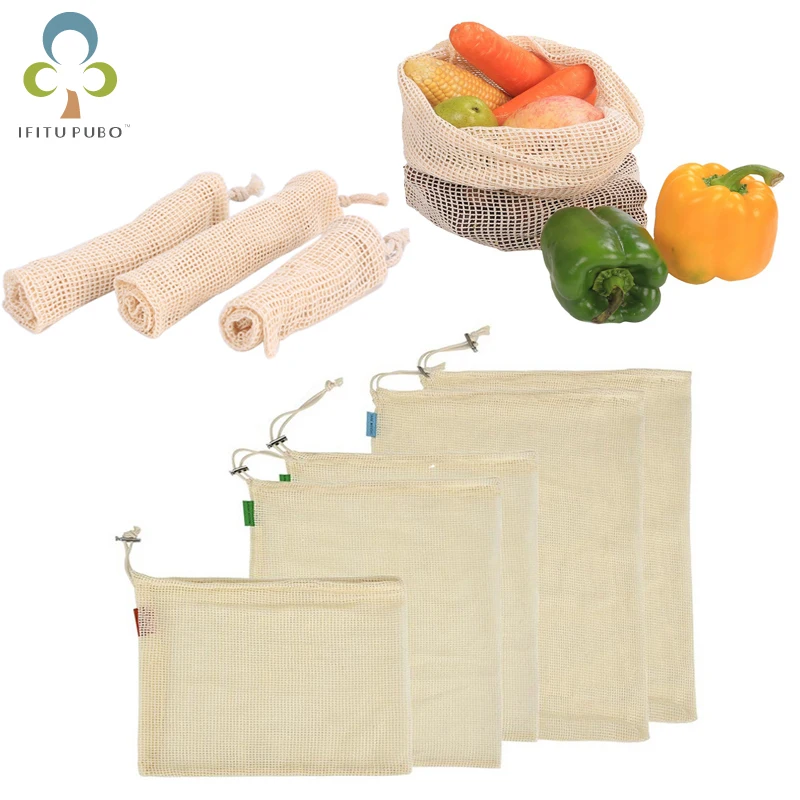 

1PC Vegetable Bags Popular Cotton Fruit Vegetable With Drawstring Reusable Home Kitchen Storage Mesh Bags Machine Washable ZXH