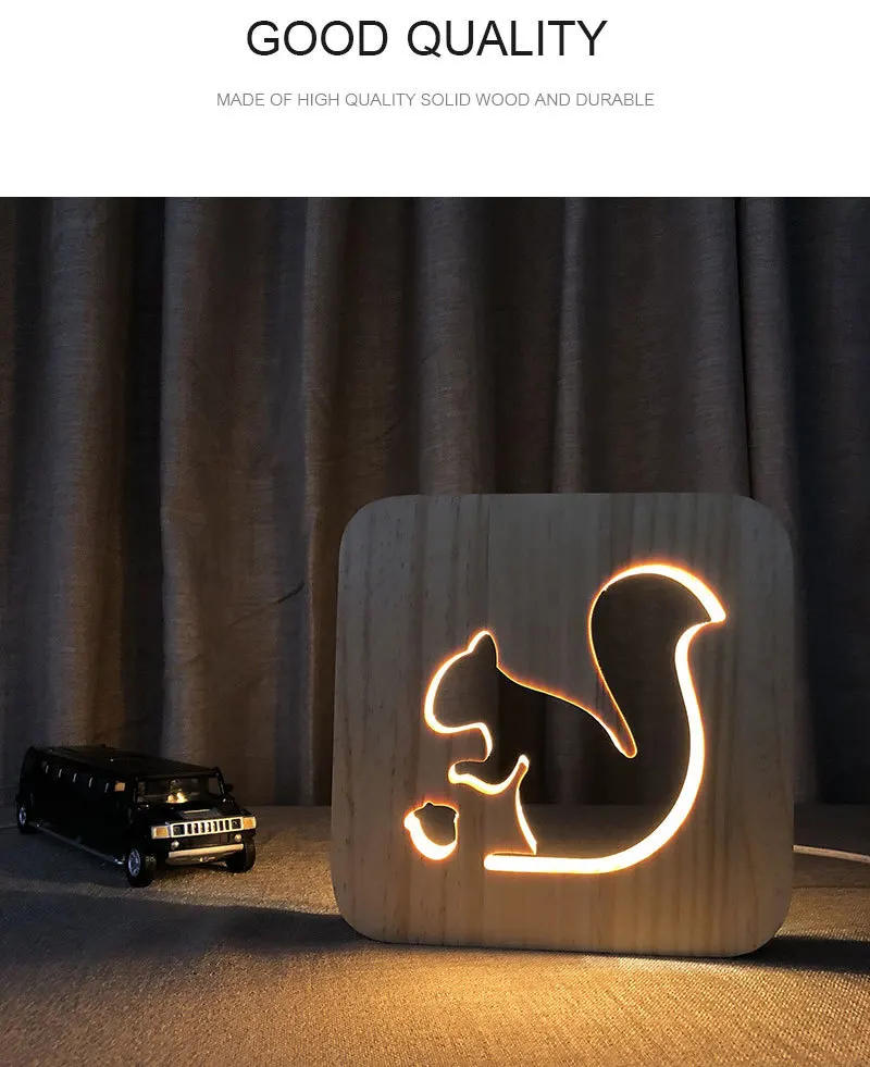 Creative Wooden 3D Night Light Lovely Squirrel Party Kid Desk Tabel Lamp LED Lighting Gift USB Decor Nightlight Baby Night Lamp (1)