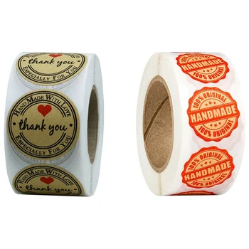 

1000x 1 Inch Round Kraft Paper Thank You Hand Made with Love with Red Heart Stickers & "Handmade 100% Original" Stickers