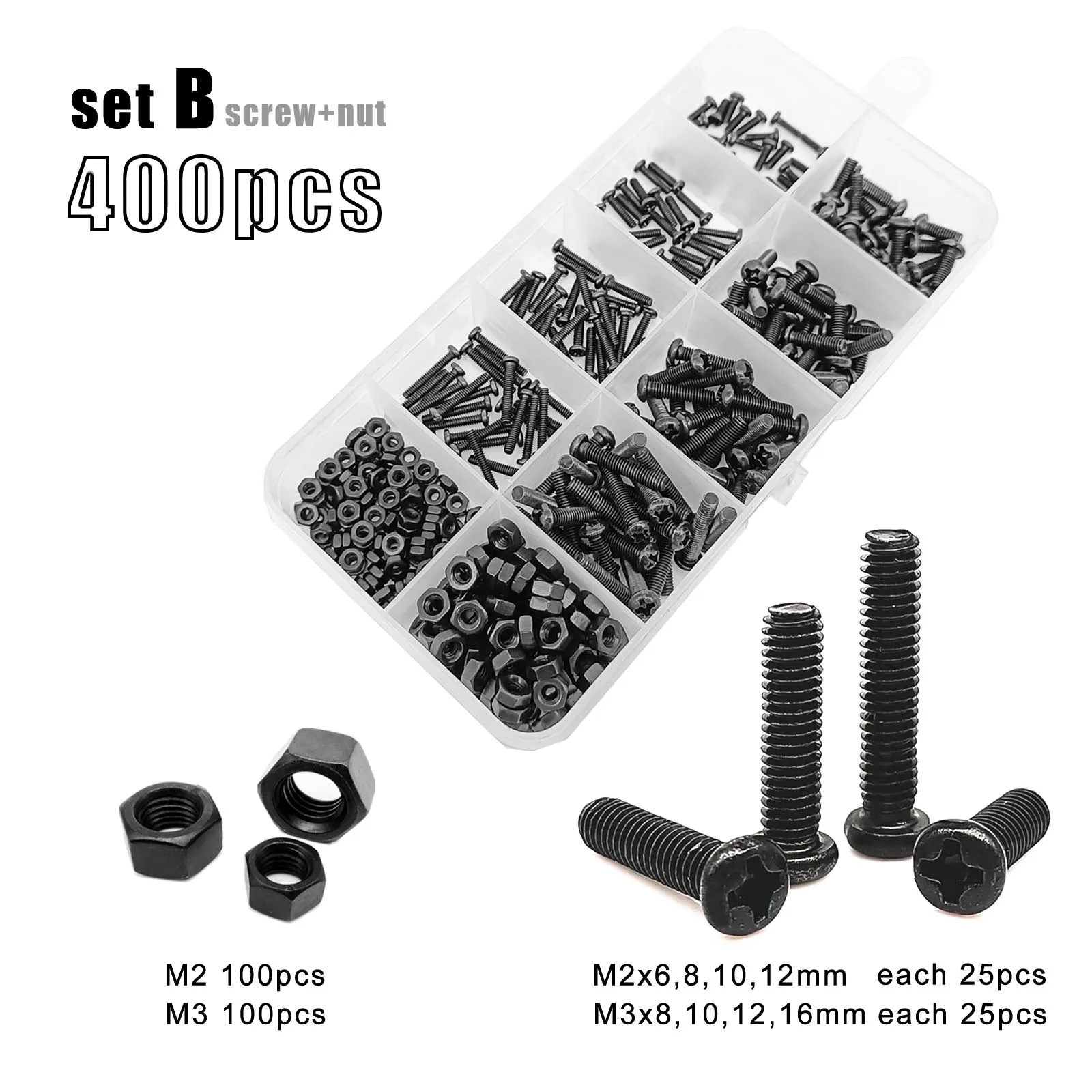 400/500/1010/2100pcs M1.2 M1.4 M1.6 M2 M2.5 M3 M4 검정색 강철 소형 필립스 크로스 라운드 팬 헤드 나사 볼트 세트 구색 키트