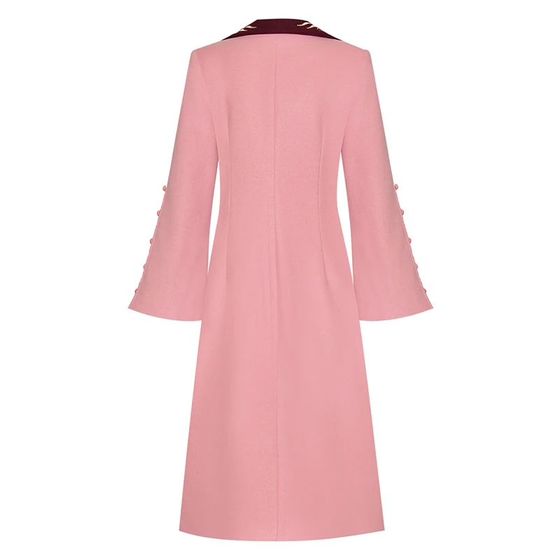 SEQINYY, розовое пальто, Осень-зима, модный дизайн, длинный расклешенный рукав, с цветочной вышивкой, толстый длинный женский топ