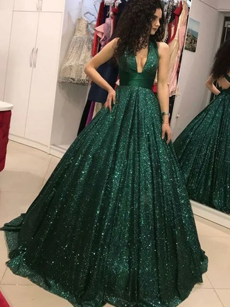 green glitter long dress