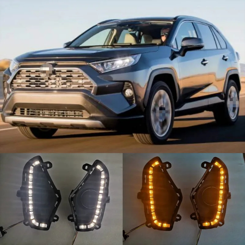 

Для Toyota RAV4, 2019, 2020, желтый, функция сигнала поворота, водонепроницаемый, ABS, 12 В, автомобильный DRL светодиодный светильник дневного света с отверстием для противотуманной фары