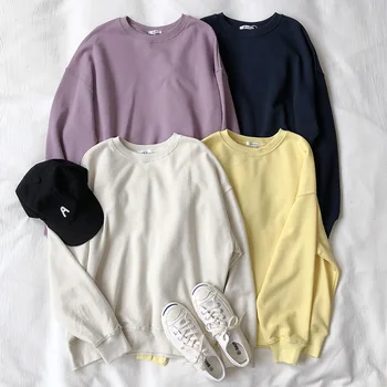 

Yeeloca Autumn Romantic Gentle Solid Color Simple Basic Sweatershirt Female Casual All-match O-neck Pullovers Korean Vintage Top