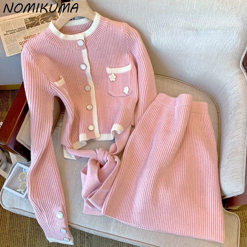 Nomikuma вязаные женские комплекты с галстуком-бабочкой длинным рукавом женский топ