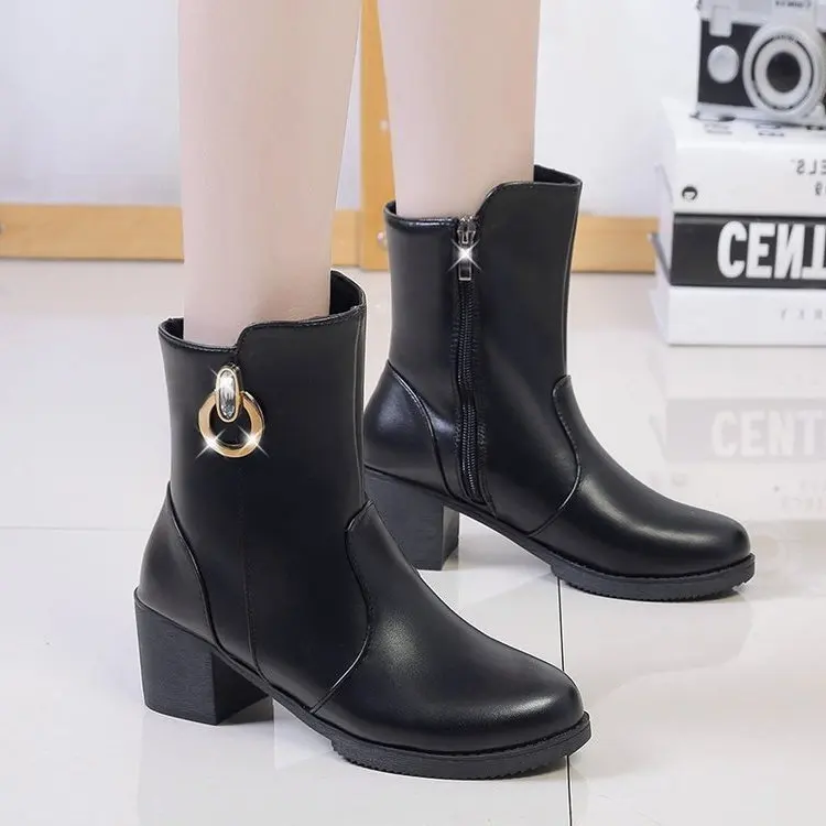 

New Women's Martin Boots Autumn Winter Genuine Leather Boots Woman Basic High Top Ankle Boots Booties Pump Med Heels Shoes