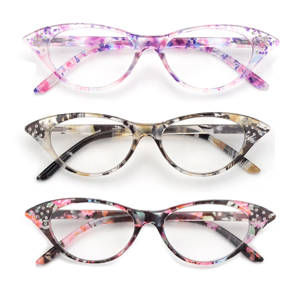 Gudzws 3 упаковки кошачий глаз очки для чтения супер модные стильные Пружинные шарниры с кристаллами кошачий глаз винтажные читатели для женщин леди