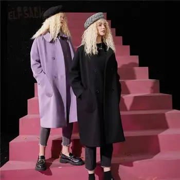 

ELFSACK Purple Solid Double Breasted Straight Wool Coat Women,2020 Autumn ELF Pure Korean Oversize Ladies Warmness Daily Outwear