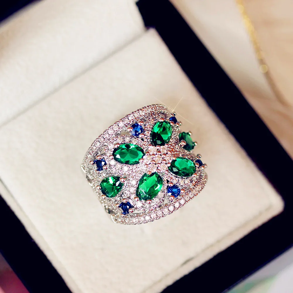 Элегантное женское кольцо с зеленым синим камнем, 925 пробы Серебряное большое обручальное кольцо, обручальные кольца для женщин