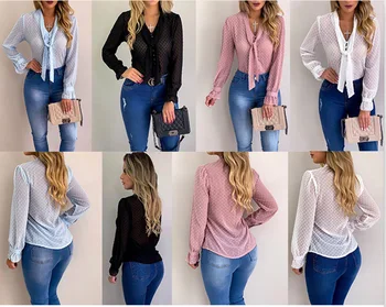 Women New Fashion Elegant Chiffon Blouses Long Sleeve V Neck Shirt Office Blouse Slim Casual