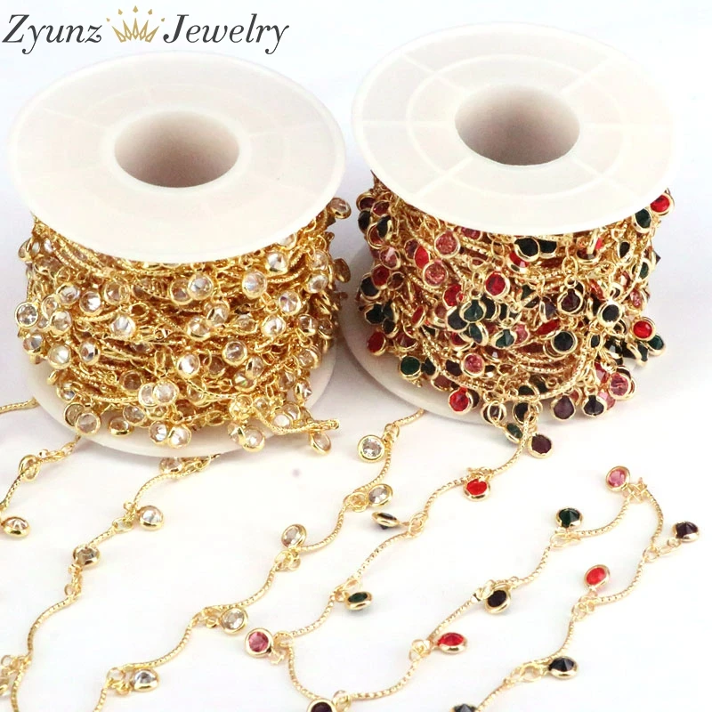 

5 Meters, ​Gold color with clear / rainbow cz link chain, cubic zirconia micro pave rosary chain, cz jewelry component