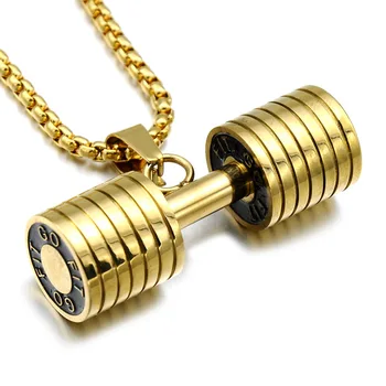 

Gold fashion mini fitness dumbbell necklace jewelry stainless steel charm pendant men's boy gift necklace