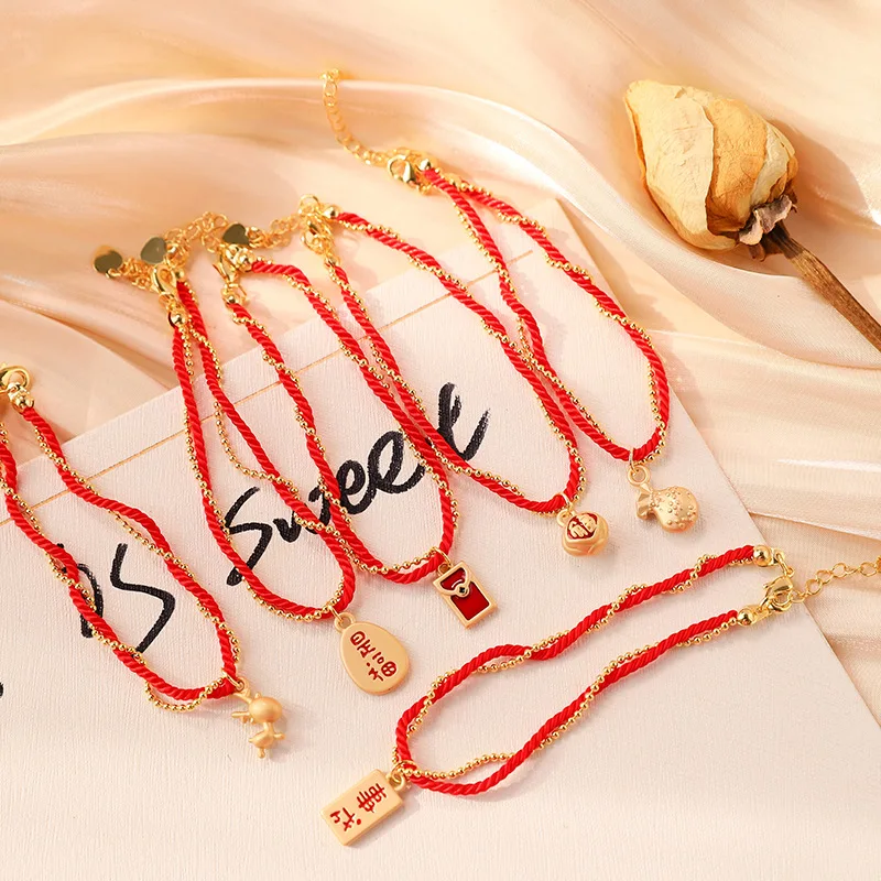 

2022 New Fashion Lucky Mouse And Lucky Lovely Animal Red Rope Braided Double Bracelet Women Year Of The Rat Real Gold Plating