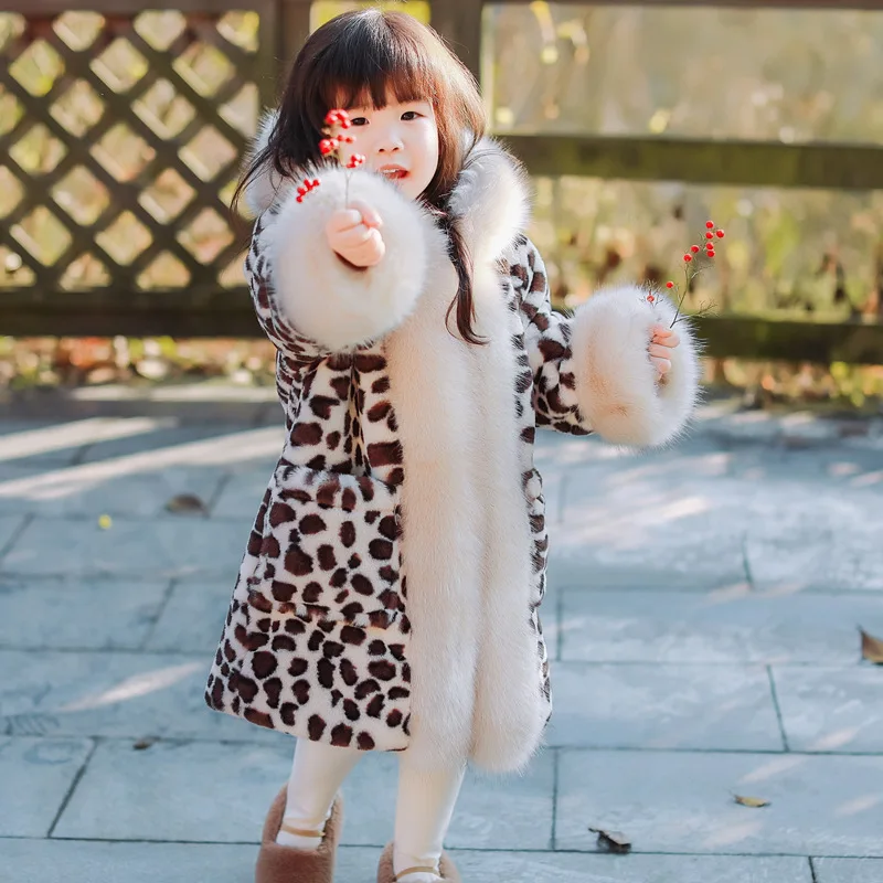 

Dollplus 2019 Kids Leopard Faux Fur Clothes Girls Hooded Faux Fox Fur Long Coat Children Warm Leopard Outerwear Girls Jackets