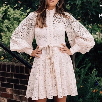 

Runway Lace Mini Dress Single Breasted Hollow Out Vintage Boho Dress Plus Size with Sashes Beach Party Dress Design Zipper A139