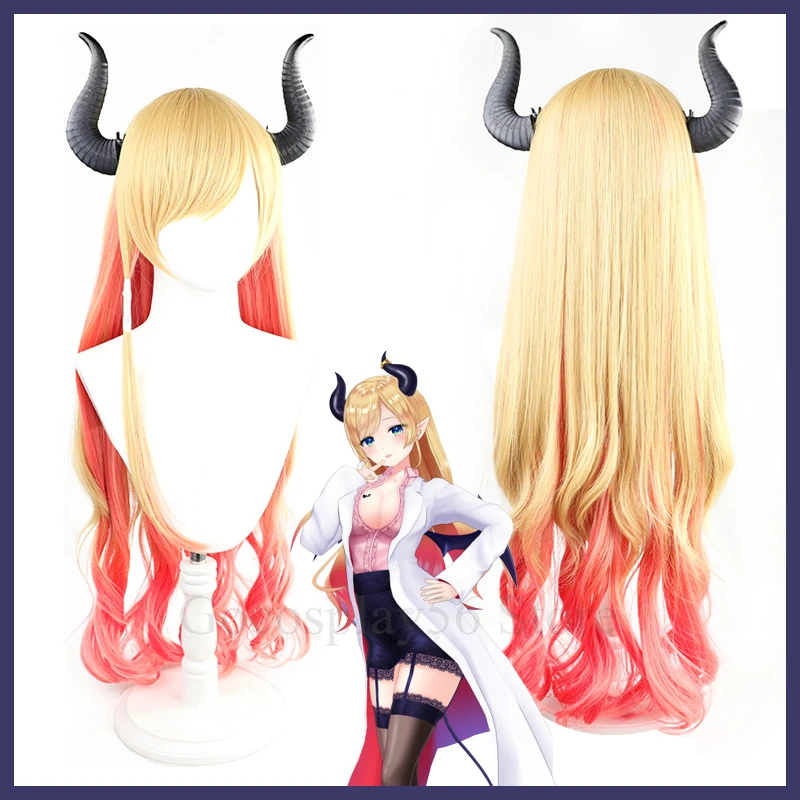 VTuber Yuzuki Choco Wig Horns Hololive 2nd Fes. Cosplay Gradient Yellow Pink Blonde Long Curly Girls Heat Resistant Hair |