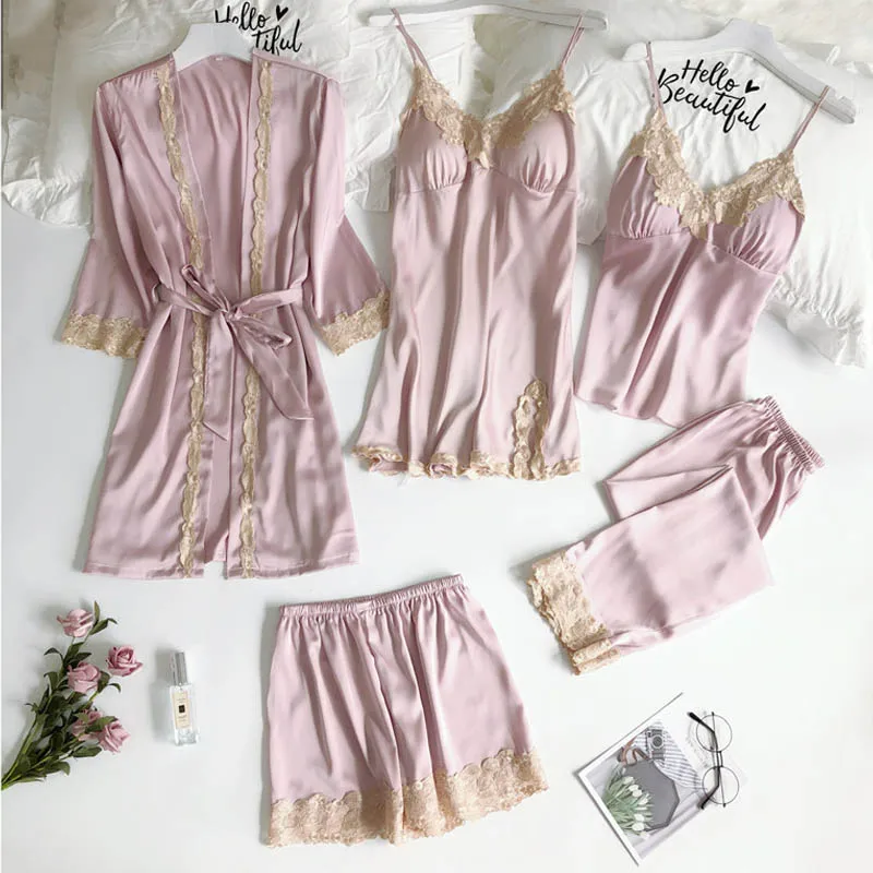 Для женщин пижамы 5 штук атласное шелковое ночное белье пижамный комплект сексуальный кружевной Домашняя одежда для сна женская ночная рубашка комплект одежды для сна, пижамы - Цвет: pink