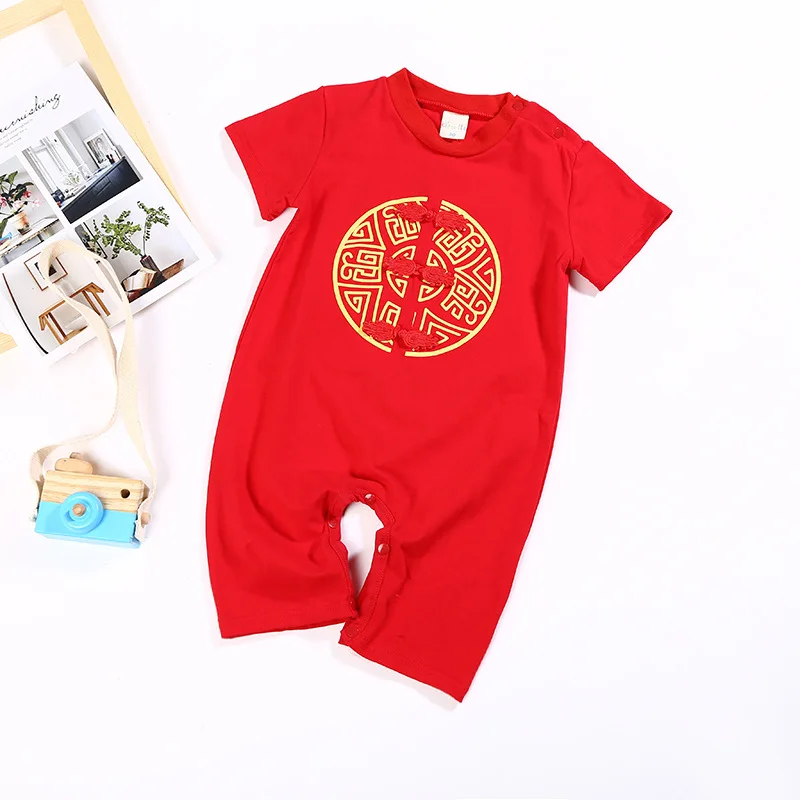 Детские костюмы в китайском стиле «Тан» для мальчиков и девочек; комбинезоны с длинными рукавами; Праздничная красная одежда; комплект одежды для новорожденных в китайском стиле с шапочкой; одежда для дня рождения
