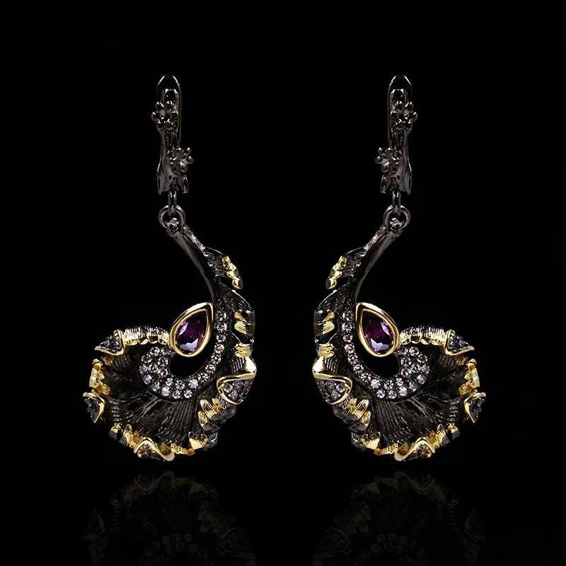 

Creative Black Gold Jewelry Curly Leaf AAAA Zircon Earrings 925 Silver Irregular Earrings Ladies Jewelry Long Earrings