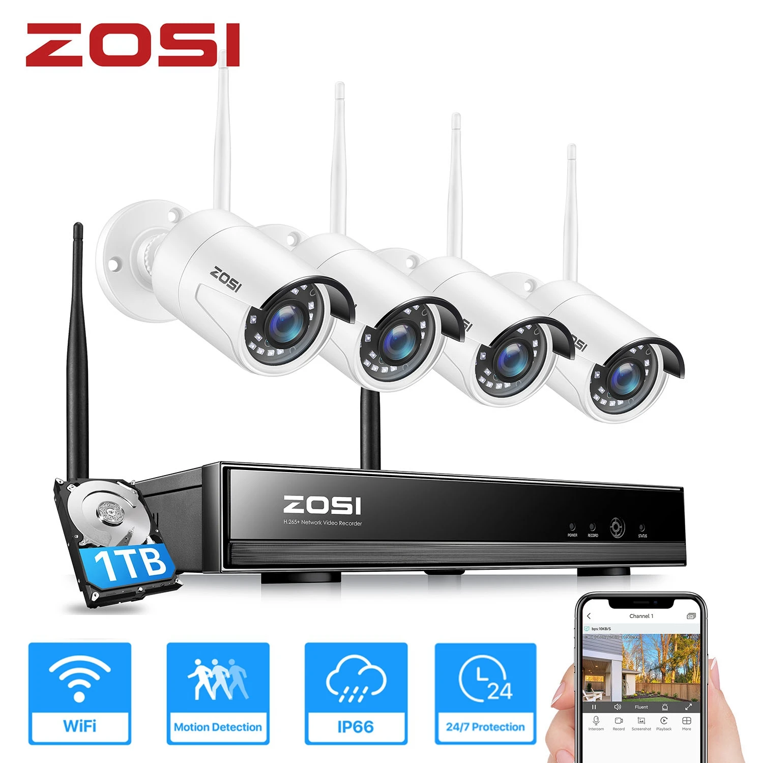 ZOSI 8CH Беспроводная CCTV система H.265 + 1080P NVR 2CH/4CH 2MP IR CUT наружная камера IP безопасности