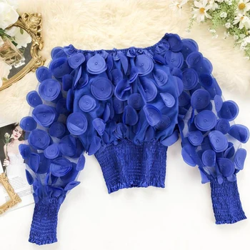 

Slash Neck Stereo Flowers Women's Blouse Tops Elastic Bottom Mesh Female Fashion Blouses 2020 Summer Long Sleeve Casual Lady Top