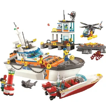 

844PCS Compatible Lepining City 60167 Coast Guard Headquarters Building Blocks City Helicopter Ship Deck Shark Model Bricks