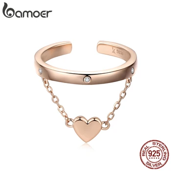 

bamoer Heart Chain Ring Band for Women Minimalist Simpe Design Jewelry 925 Sterling Silver Luxury Bijoux GXR572
