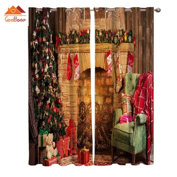 

Christmas Indoor Fireplace Gift Window Curtains Living Room Outdoor Fabric Drapes Curtain Home Decor