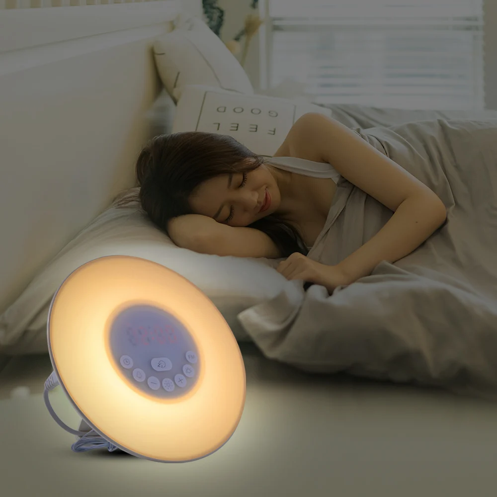 Alarm Clock Sunrise/Sunset Simulation Luminous Digital Clock with FM Radio 7 Colors Light Lamp Touch Control Snooze Table Clocks