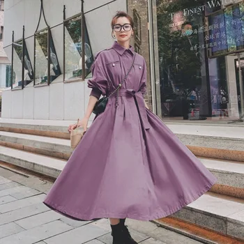 

LANMREM 2020 autumn clothes famale turn-down collar fit and flare silhouette long dresses with belt for women korean trendy A286