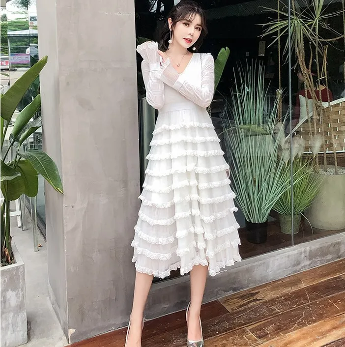 

2020 Spring New Style Immortal Lace Joint Chiffon Mid-length Waist Hugging Slimming Long Sleeve Layers Cake Dress