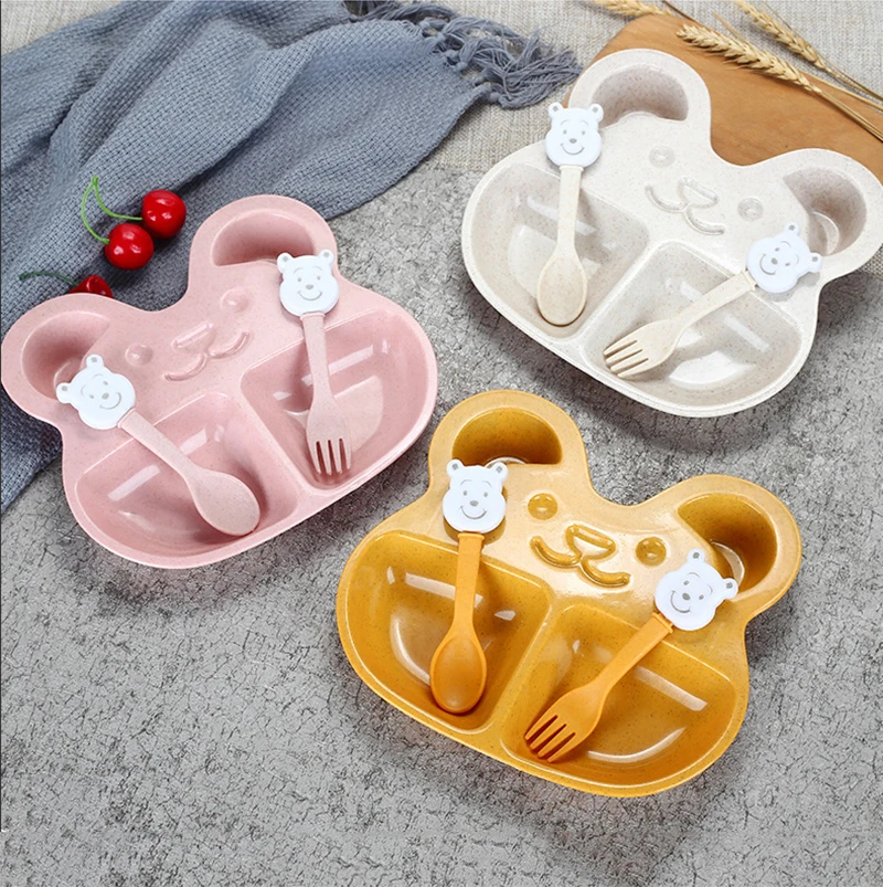 

Wheat Straw Tableware Kids Baby Training Bowl Plate Set Cute Bear Cutlery Set with Fork Spoon Children Learning Feeding Plate