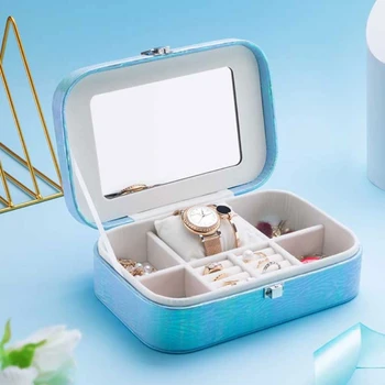 

Portable Travel Watch Ring Bracelet Necklace Storage Box with Mirror Multi-function Jewelry Display Organizer Case