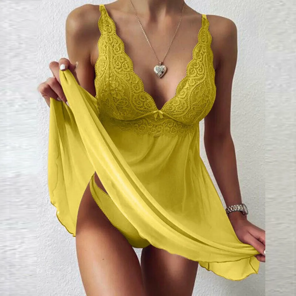 Sexy Womens V-neck Lace Nightdress Sleepwear Lingerie Robe Underwear Dress Soft Elegant Perspective Sleeveless Nightgown women lingerie women nightgowns women nightdresses women pajamas sleeping dress