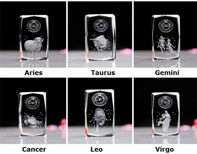 3D Zodiac Sign Star Crystal Cube Laser Engraved Glass Block Figurines Miniatures Craft Home Decor Birthday Gift Ornament