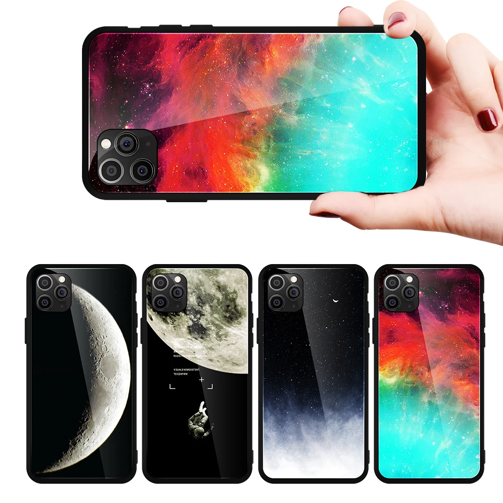 Universe Glass Phone Case For iPhone X XR XS Max Cartoon Starry Sky Stars Earth Planet 7 6 S 8 Plus Glossy Cover |