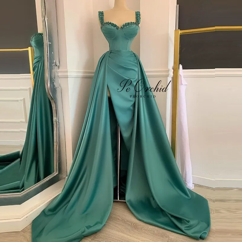 

PEORCHID Dubai Design Green Long Sleeves Evening Dresses Detachable Train High Slit Satin Beaded Formal Party Dress 2020