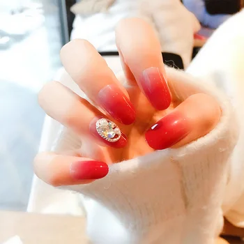 

24pcs/box Charming Peach Pink Fake Nails press on Gradient Color Rhinestone Full Cover Faux Ongles Manicure Nail Tips with glue