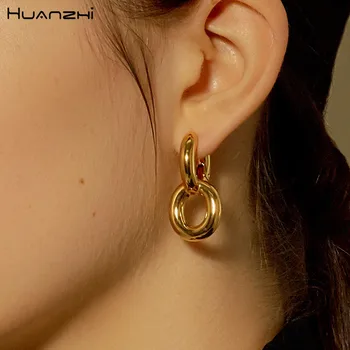 

HUANZHI 2020 New Retro Simplicity Gold Color metal Earring Geometry Round Drop Ear ring for Woman Girls Accessories