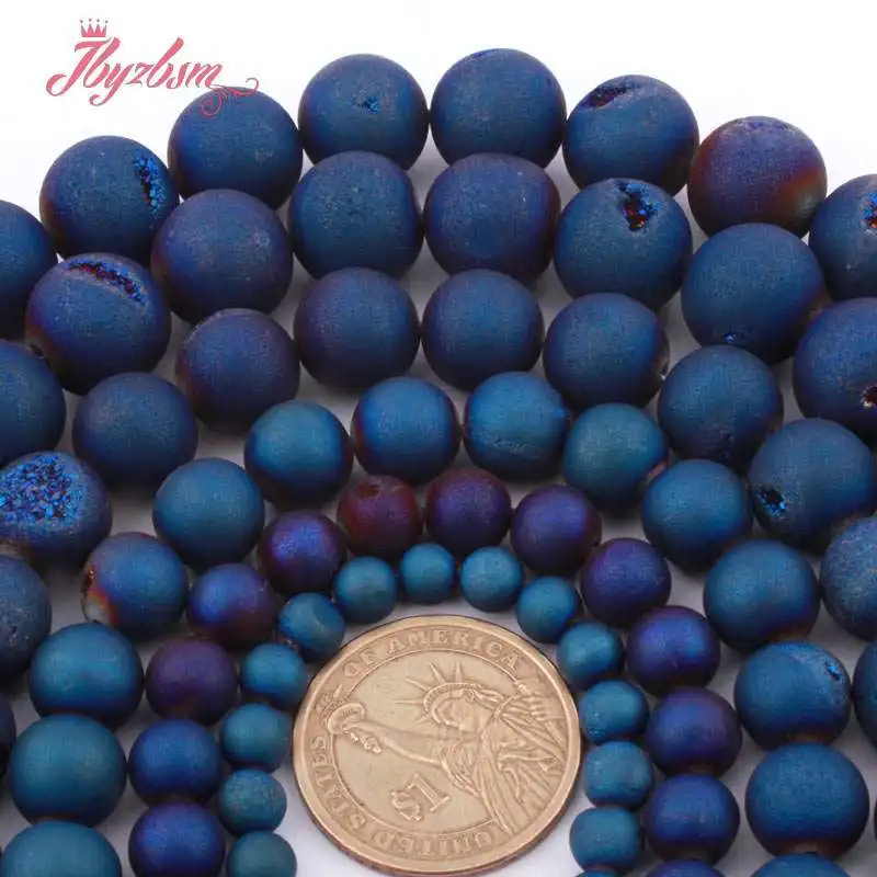 

Round Blue Geode Agates Druzy Agates Natural Stone Loose Bead for DIY Accessories Women Men Necklace Bracelet Jewelry Making 15"