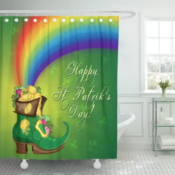 

Greetings for St Patrick's Day Leprechaun's Boot with Coins and Rainbow on of Trefoils Gradient Shower Curtain Waterproof Polyes