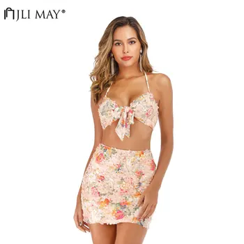 

JLI MAY Sexy Print Sequins Two Piece Skirt Set Nightclub Women Halter Backless Top Matching Sets Summer Party Outfits Vestidos