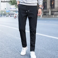 Летние тонкие мужские брюки в Корейском стиле, эластичные черные повседневные штаны, мужские быстросохнущие спортивные брюки, прямые