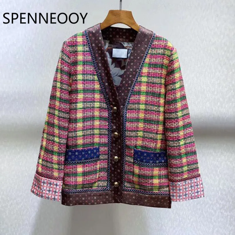 

SPENNEOOY Designer Custom Spring Summer Rough Weave Vintage Lining Print Long Sleeve V-Neck Cardigan Coat Jacket Women's 2020