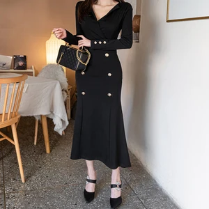 New Spring Autumn Fashion Lady Formal Long Dress Women Work Style Elegant Double Breasted Slim Mermaid Dress Robe Femme Vestidos